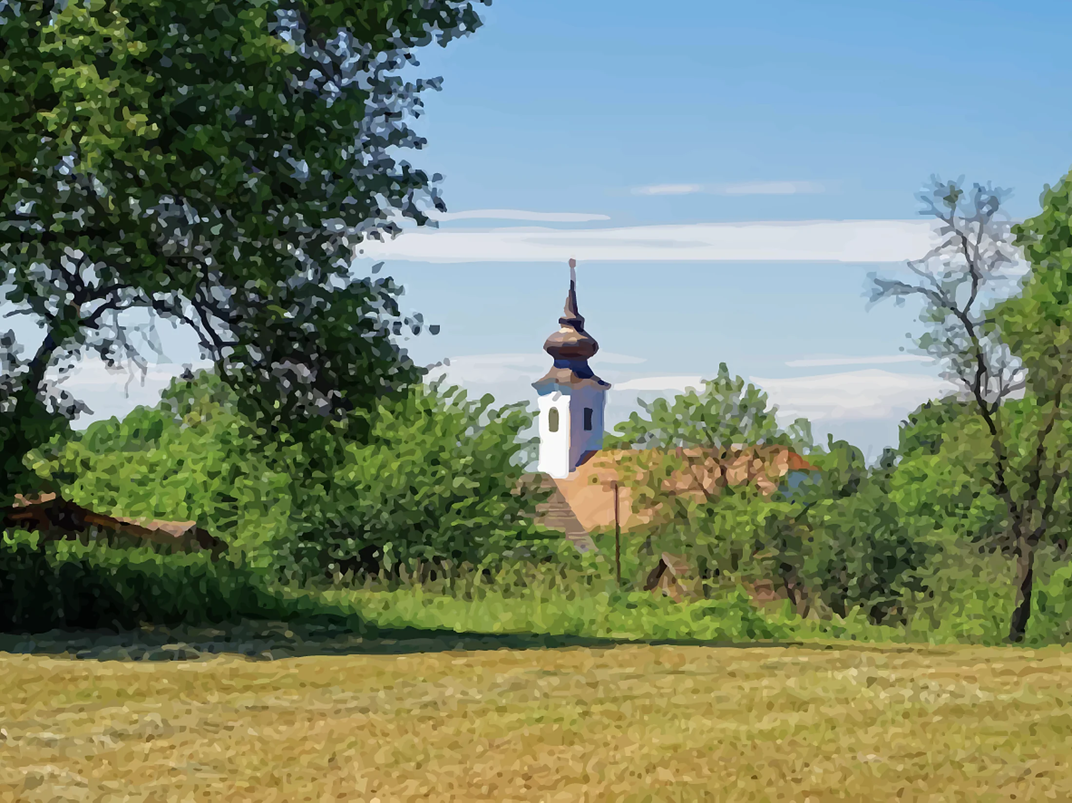 A szentgyörgyvölgyi templom tornya a fák fölött, előtte nyári rét